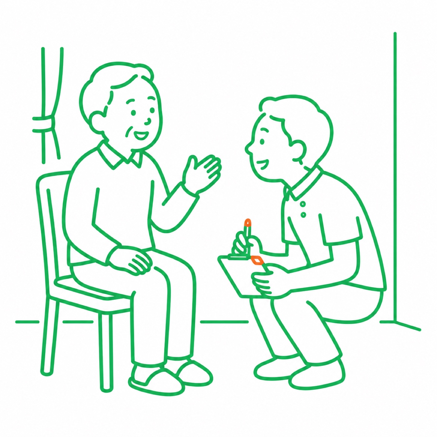 椅子に座った高齢の方の話を、施術者が身をかがめて聞いている線画